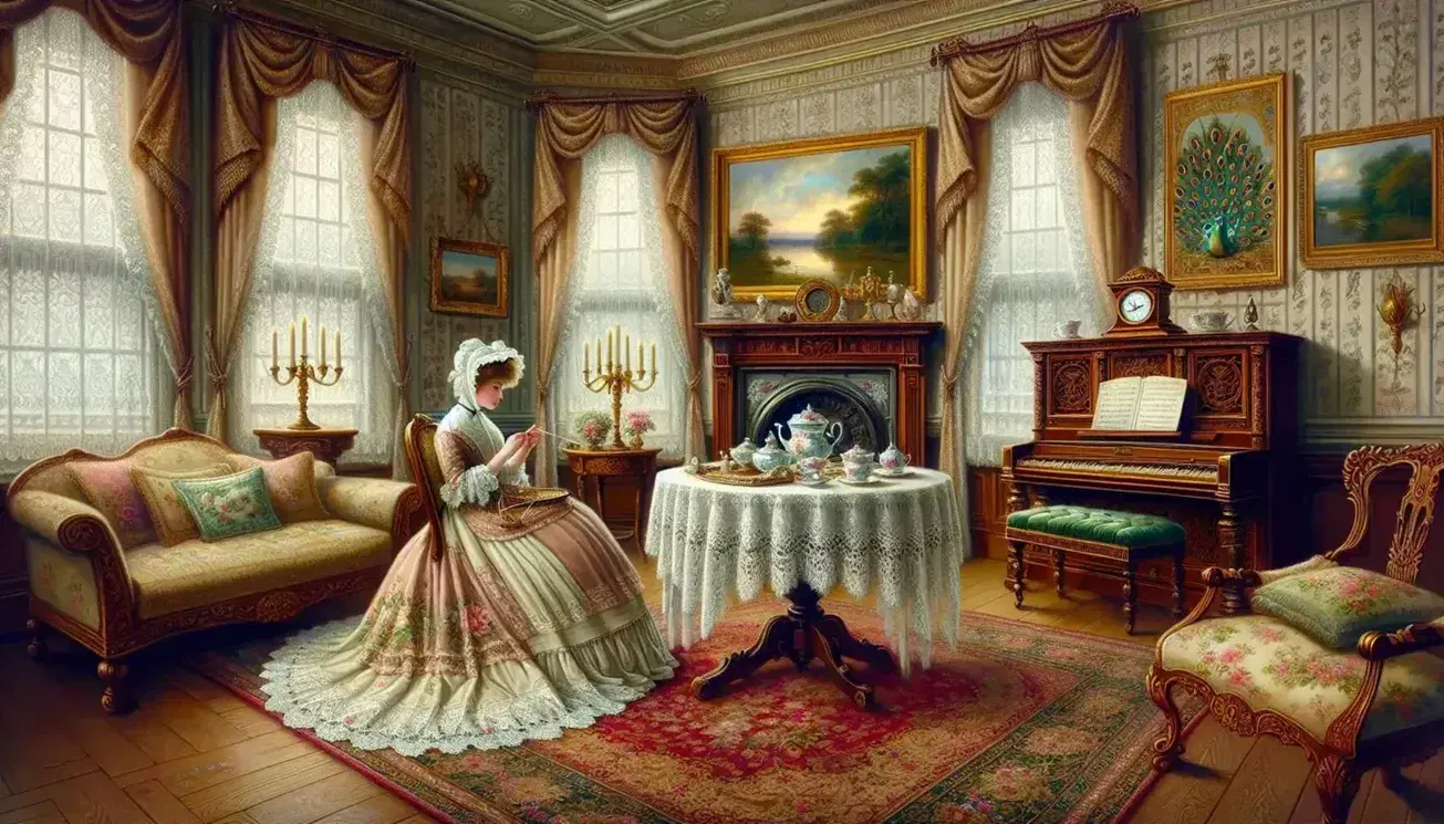 Victorian parlor with a lace-covered table, floral porcelain tea set, and an embroidering woman in a pastel dress beside a mahogany piano and fireplace.
