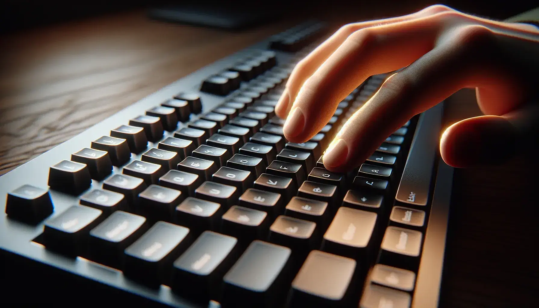 Close-up of a computer keyboard with black and gray keys, human hand ready to press Enter key on blurred woody background.