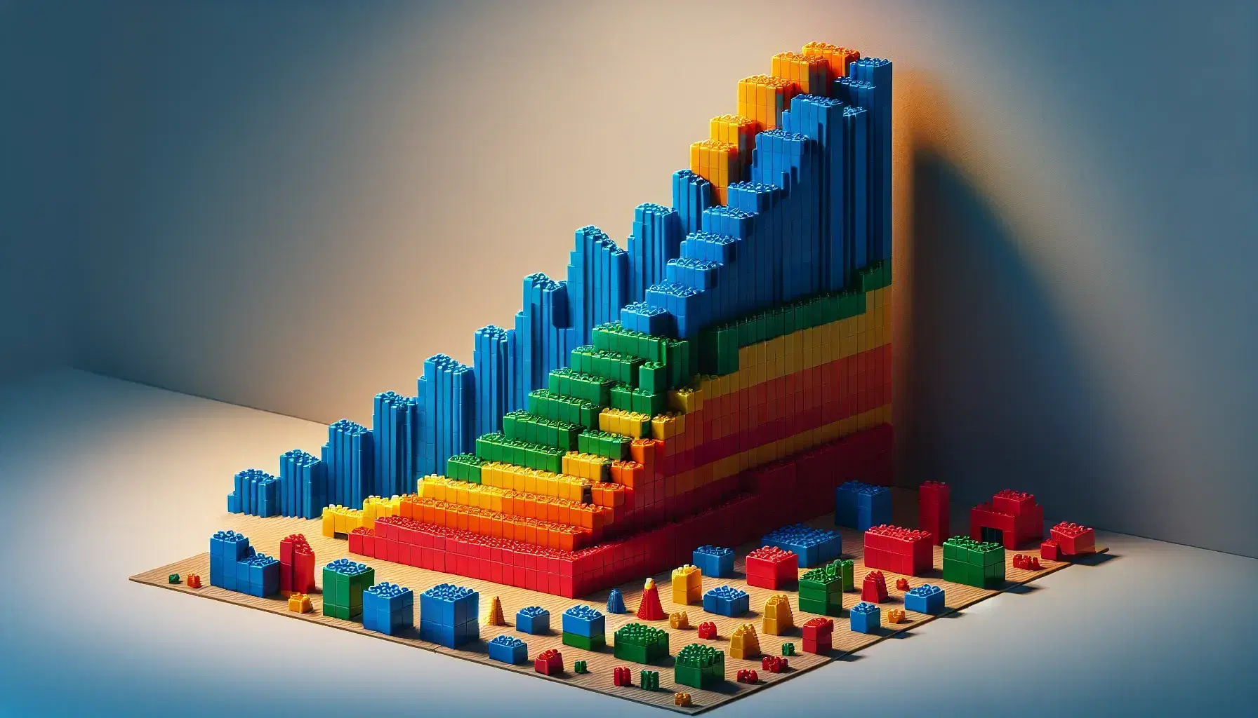 Bloques de construcción de plástico en colores vivos formando una torre escalonada con base roja, seguida de capas azules, verdes y amarillas, coronada por un bloque naranja, con piezas sueltas al lado.