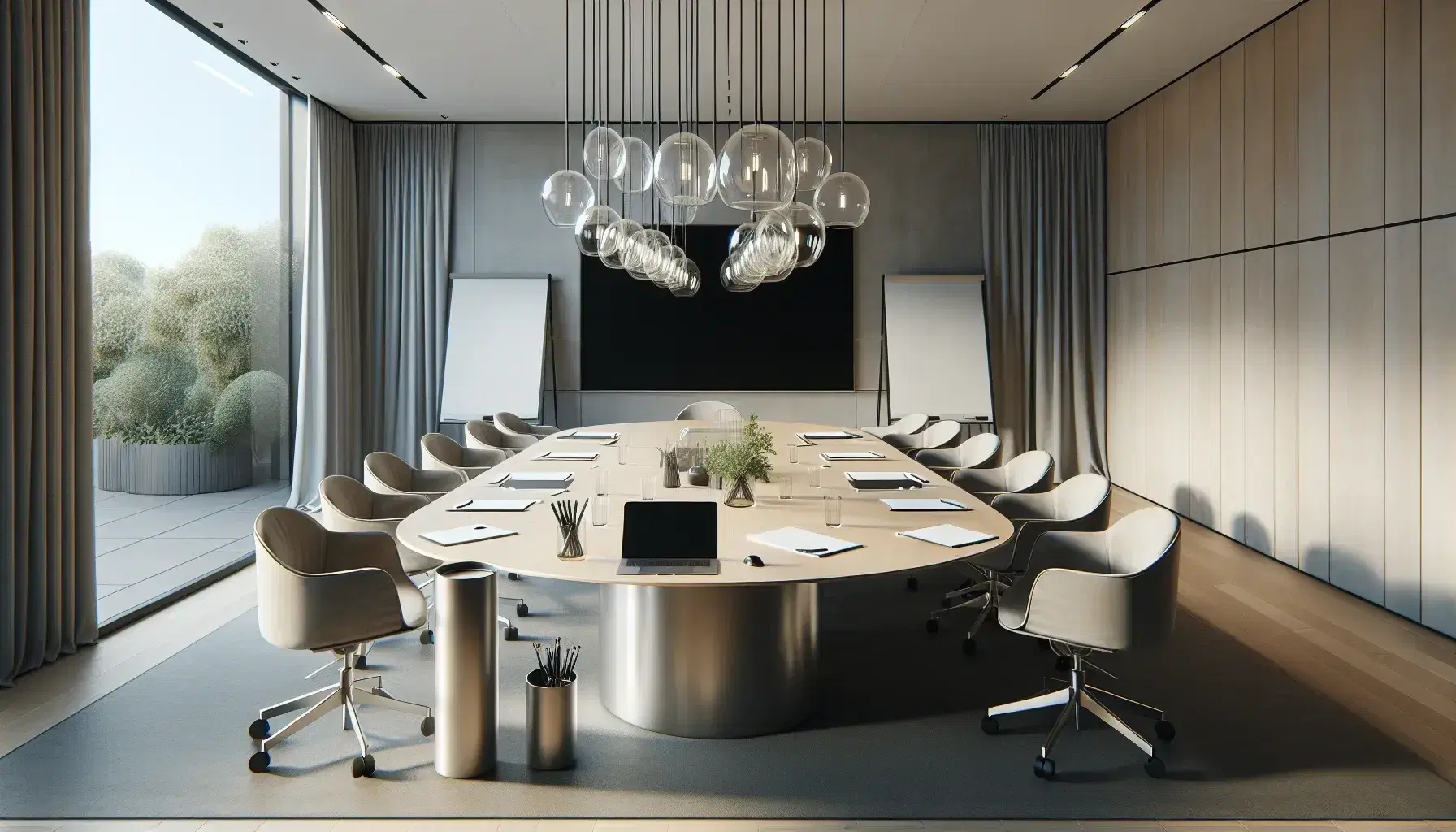 Sala riunioni moderna e luminosa con tavolo ovale, sedie ergonomiche grigie, laptop, carta e caraffa d'acqua, vista su giardino esterno.