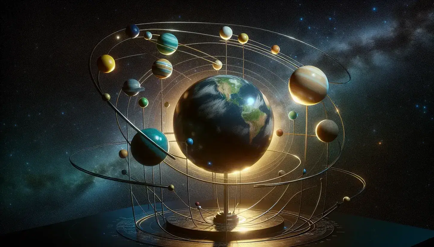 Modello astronomico 3D dei pianeti terrestri con Sole centrale, sotto un cielo stellato notturno senza nuvole.