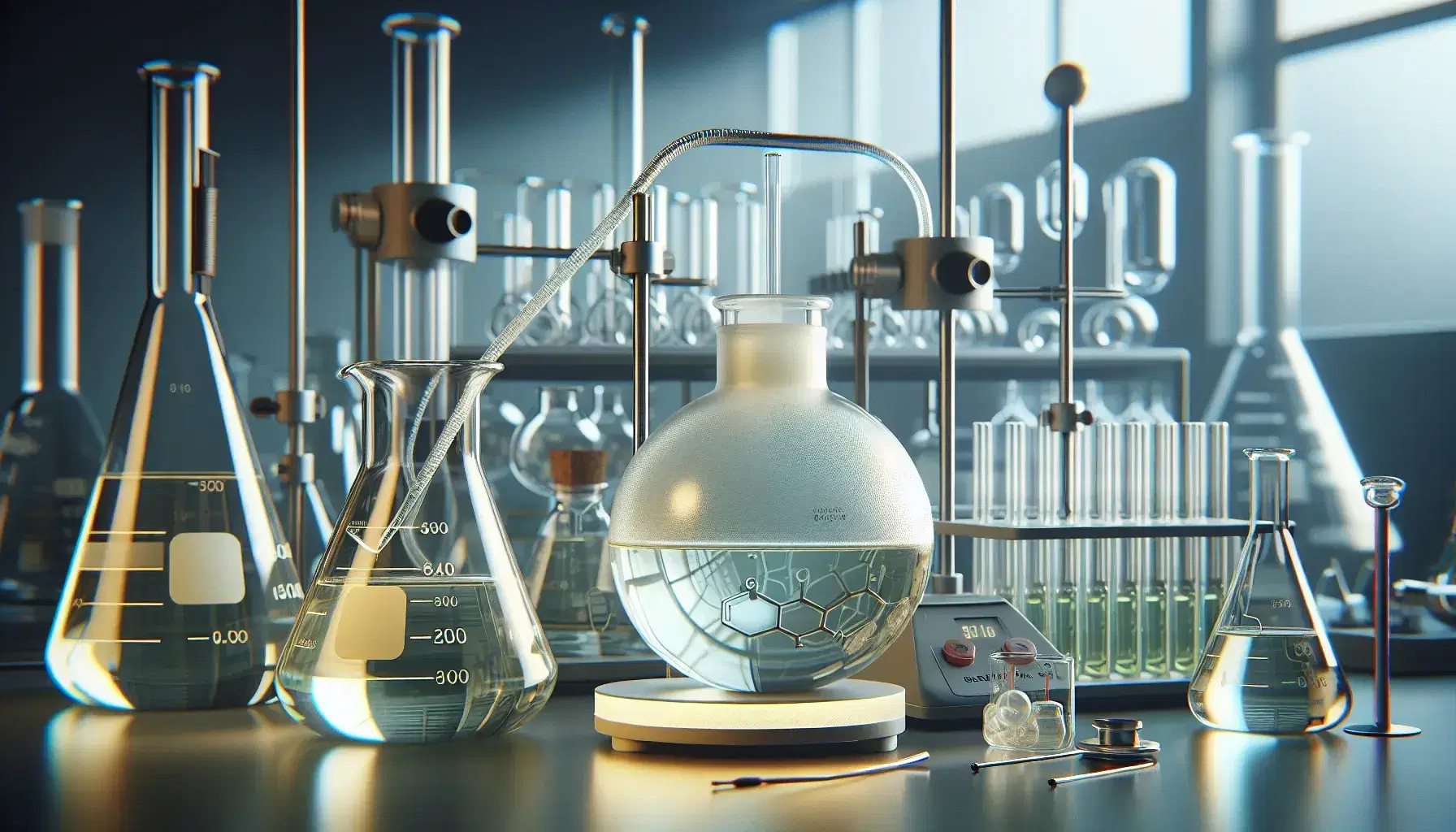 Organic synthesis laboratory with glass material, digital scale, colored reagents and partially visible fume hood.