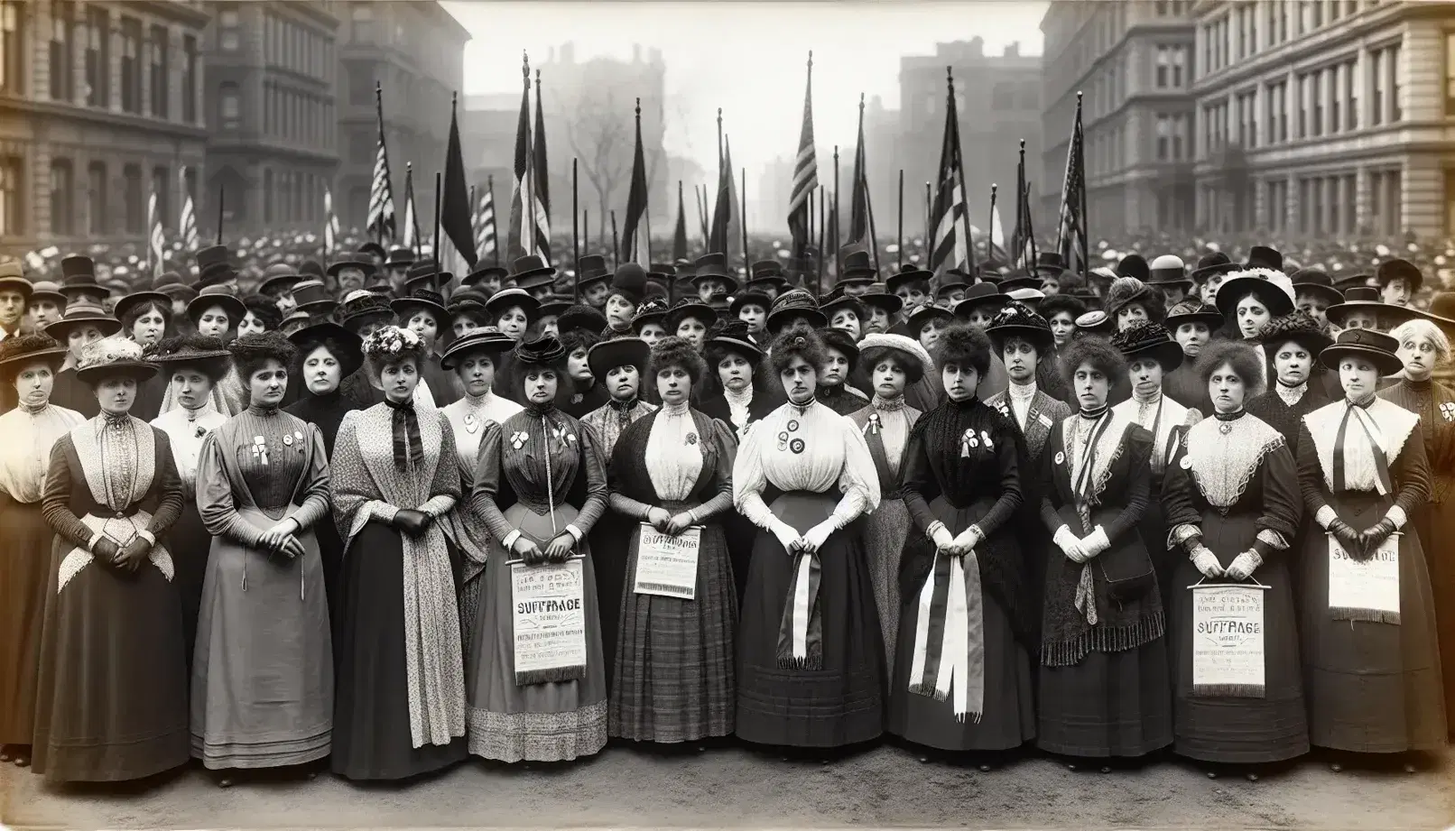Group of multi-ethnic women in period clothing participate in a rally for women's suffrage, with determined and hopeful looks.