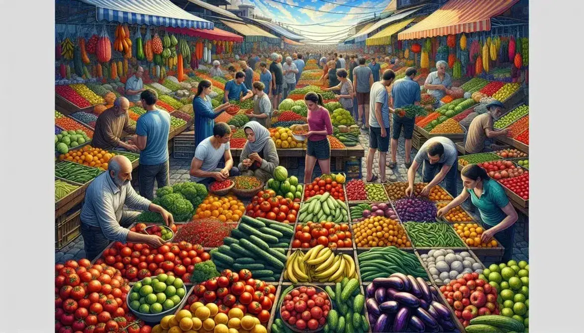 Vibrant open-air market with colorful fresh produce on display, shoppers examining fruits and vegetables, vendors engaging with customers on a sunny day.