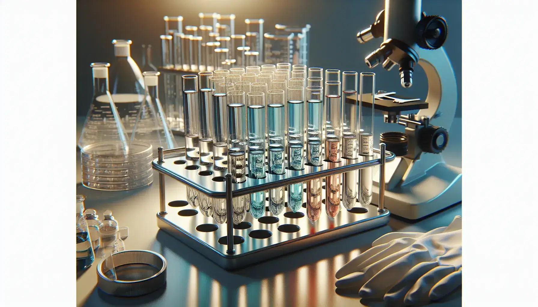 Tubos de ensayo con líquidos de colores en soporte metálico, guantes de látex y microscopio en laboratorio, con materiales de laboratorio desenfocados al fondo.