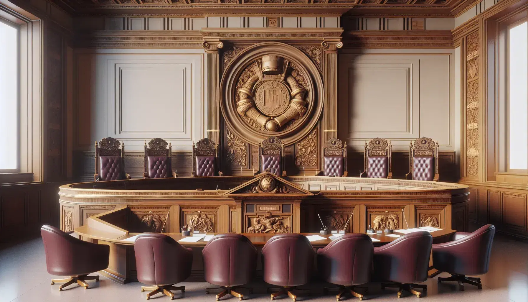 Interno solenne della Corte Costituzionale Italiana con scrivania semicircolare, poltrone in pelle bordeaux e rilievi in legno sul muro.