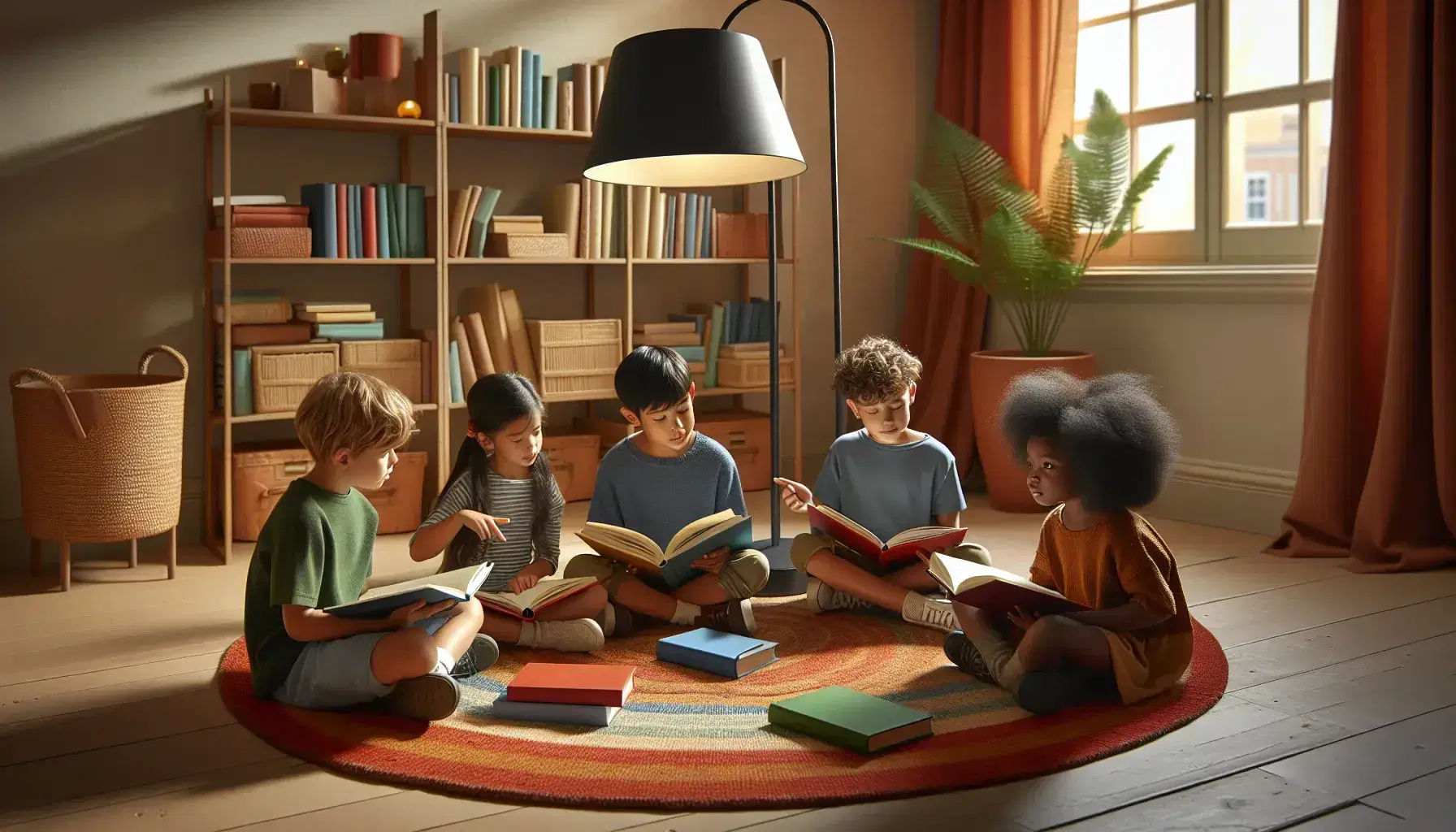 Cuatro niños de diversas etnias leen libros sentados en una alfombra cálida, con una lámpara de pie central y una estantería llena al fondo.