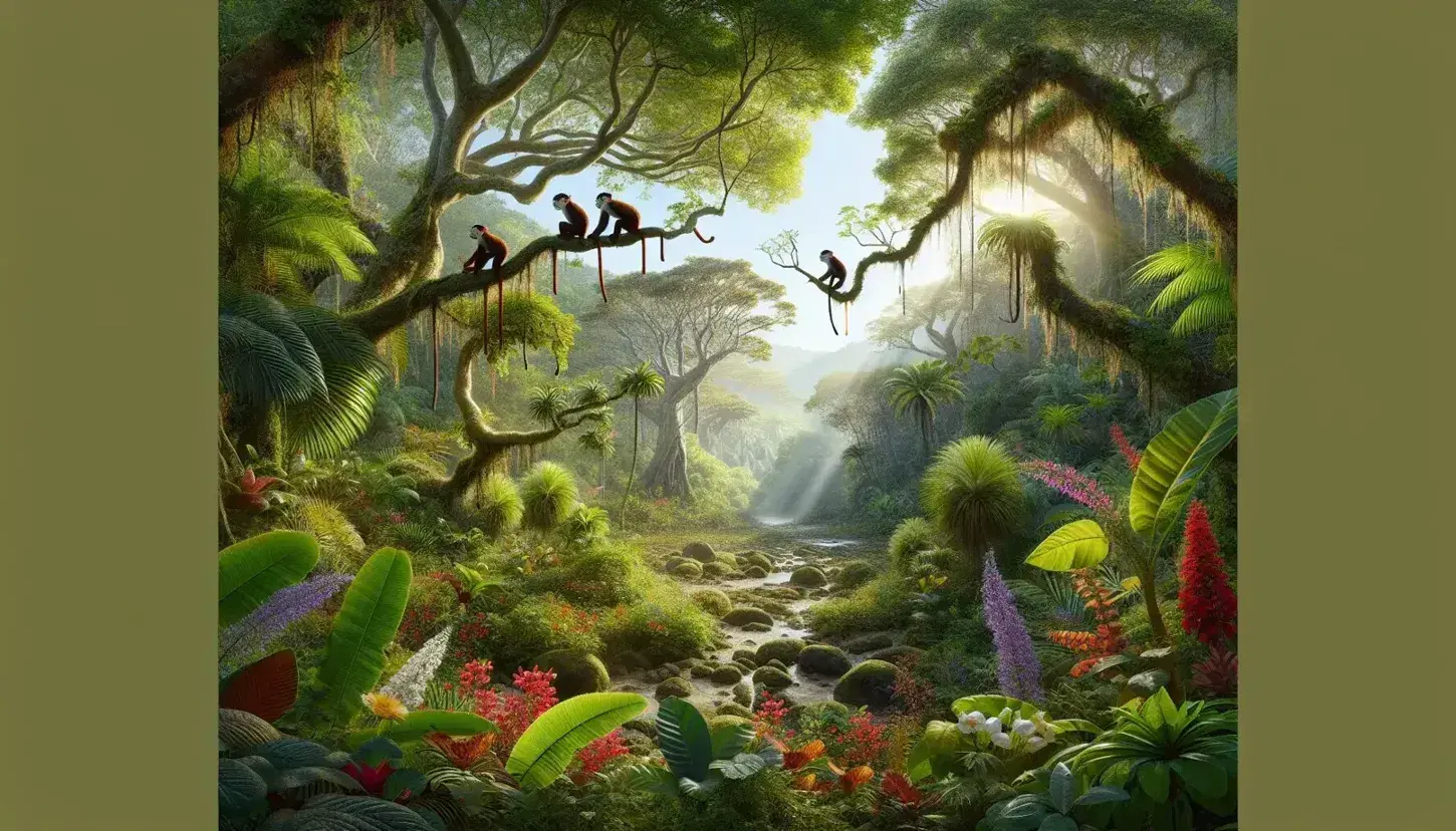 Selva tropical exuberante con monos tití saltando entre ramas, flores coloridas y un arroyo cristalino bajo la luz del sol filtrada.