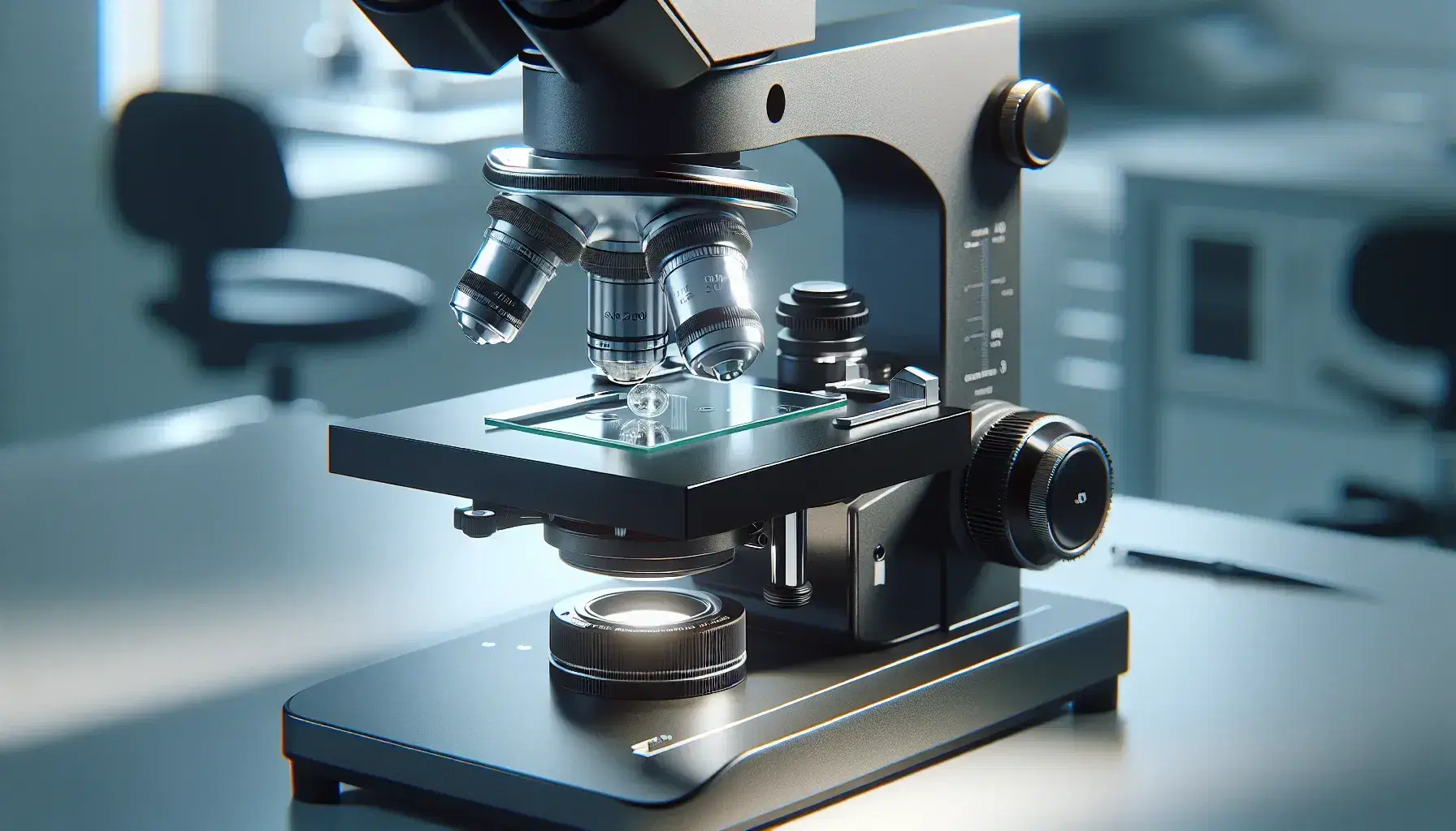Microscopio óptico de laboratorio moderno con base negra y controles plateados, lente girado y portaobjetos de vidrio en superficie limpia.