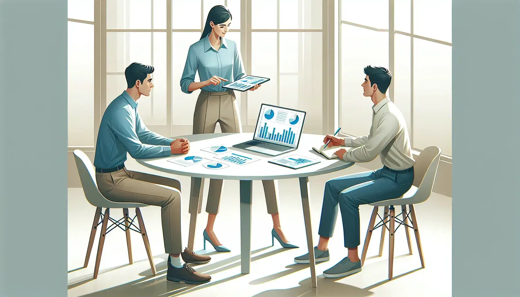 Tres profesionales colaborando en una oficina, uno de pie presentando datos en un portátil y dos sentados atentos, con una tablet y libretas sobre la mesa.