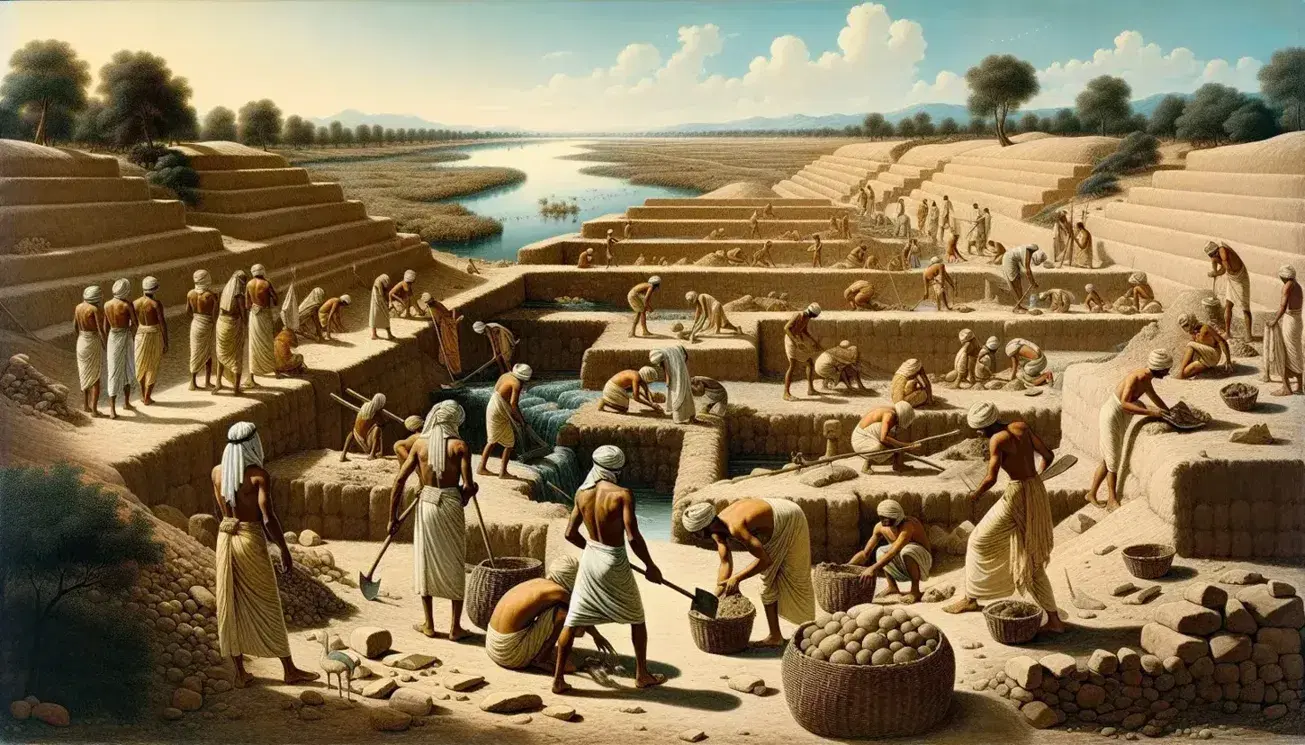 Uomini e donne in abiti chiari lavorano in un cantiere all'aperto, costruendo canali e dighe con mattoni di fango in un paesaggio arido.