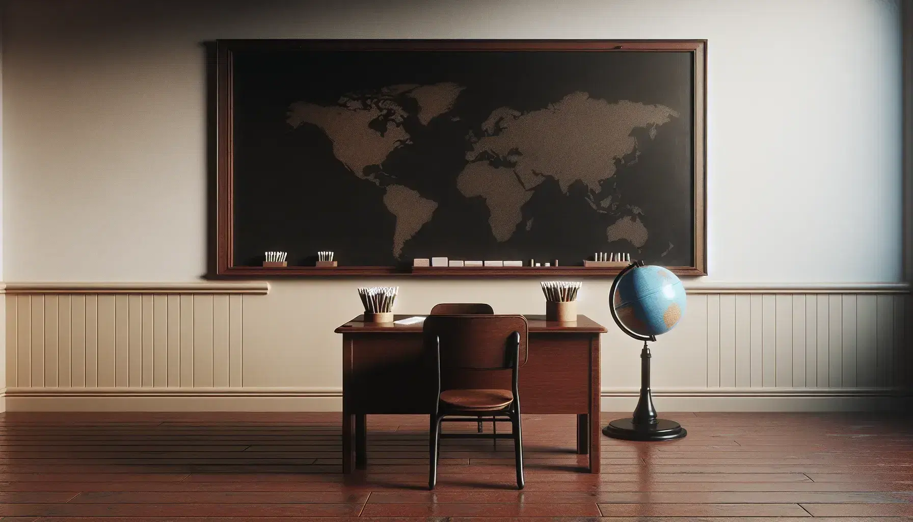 Empty classroom with a prominent chalkboard, teacher's desk, globe, student desks, and a large window showcasing a clear sky and greenery.