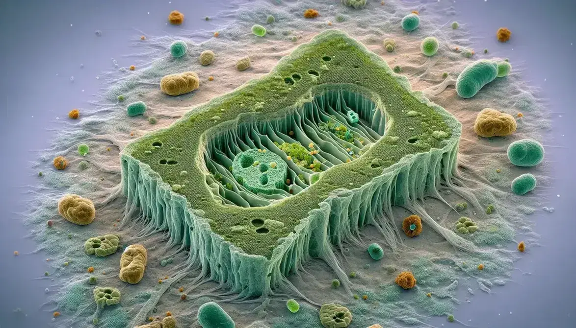Vista microscópica de una célula vegetal mostrando la pared celular, membrana, citoplasma con orgánulos y vesículas en proceso de transporte.
