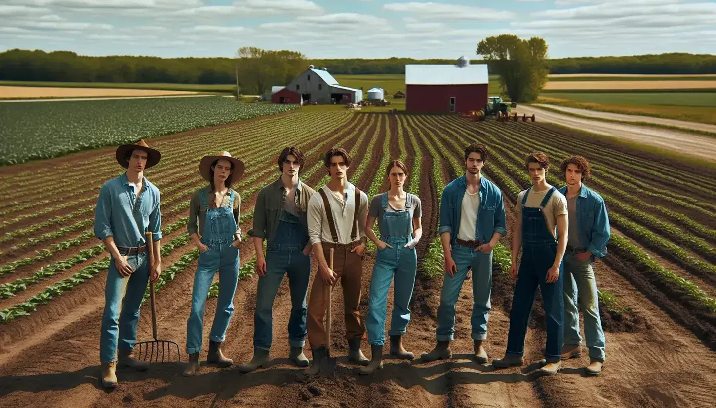 Grupo de jóvenes adultos en un campo de cultivo con herramientas agrícolas, vestidos para el trabajo de granja, bajo un cielo azul con nubes dispersas.