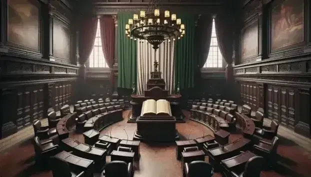 Sala antica di assemblea legislativa vuota con sedie in legno e pelle verde, podio centrale e lampadario in ferro battuto, bandiera italiana.