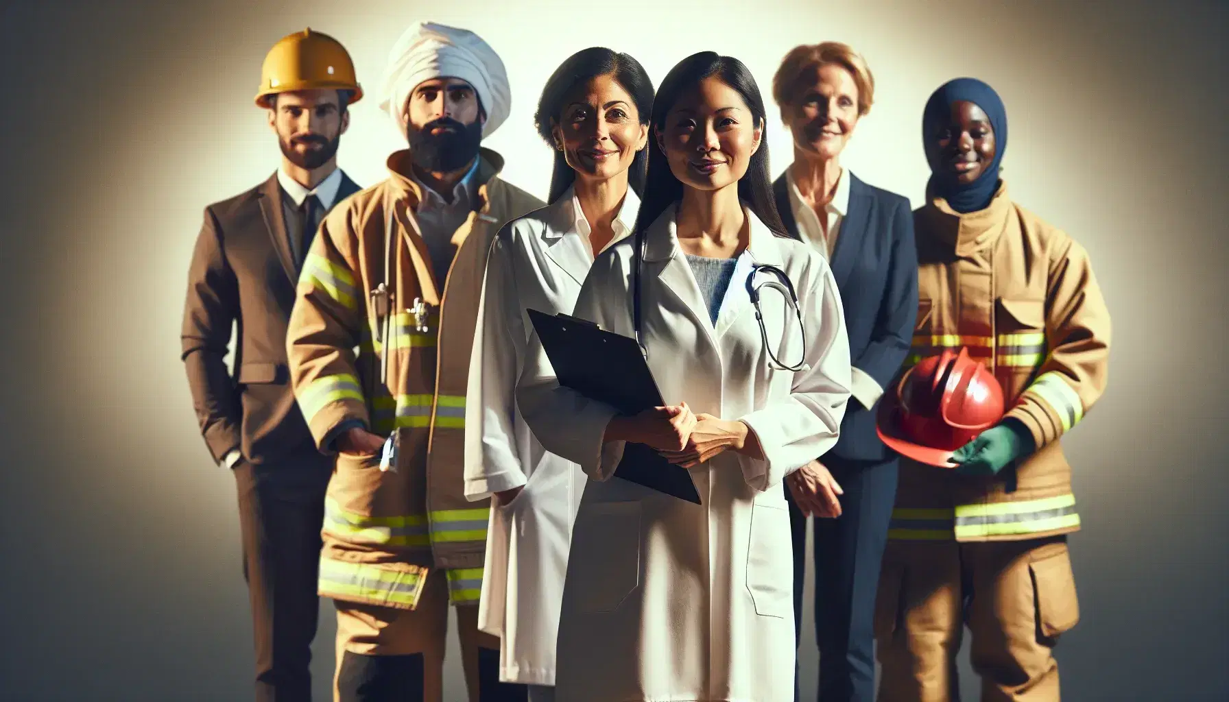 Grupo diverso de profesionales sonriendo, incluyendo una médica, un ingeniero, una chef, un bombero y una graduada, en un fondo neutro.