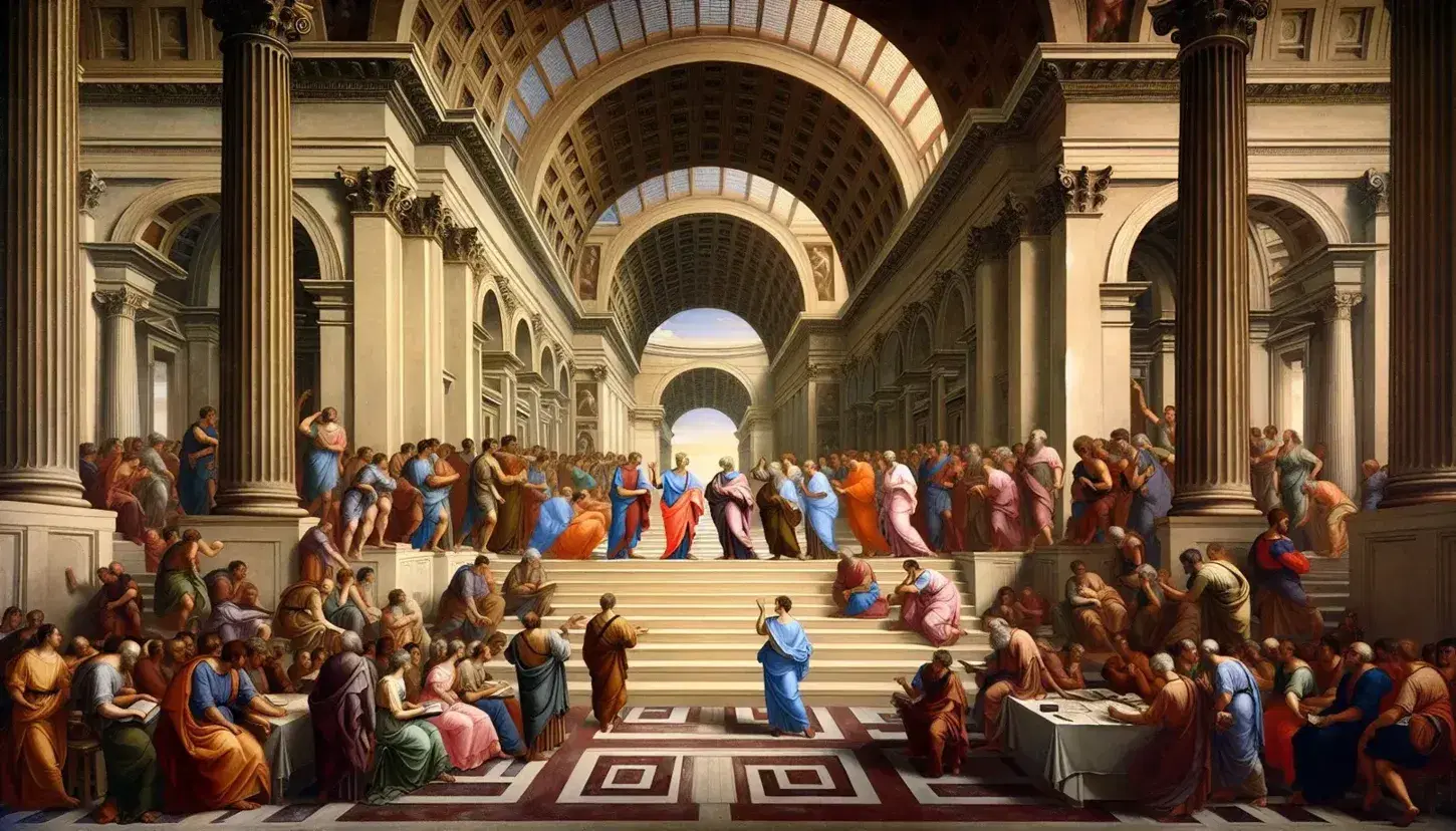 Raffigurazione de 'La Scuola di Atene' di Raffaello con filosofi antichi in dialogo dentro un'architettura classica.