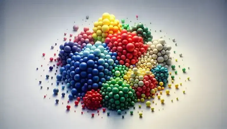 Groupings of colored spheres in red, blue, green, yellow and purple on a white background, symbolizing data points in five distinct clusters.