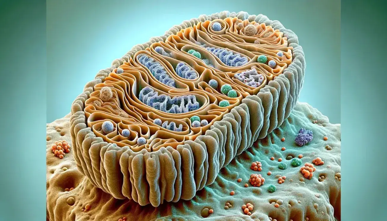 Detailed illustration of a mitochondrion with a double membrane and folded cristae, surrounded by a gradient blue to white background.