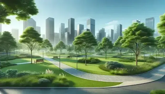 Serene urban park with lush greenery, empty benches, winding path, and a clear skyline of diverse buildings under a cloudless blue sky.