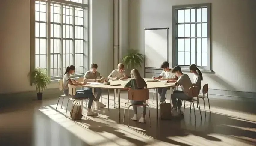 Aula luminosa con estudiantes alrededor de una mesa redonda de madera, trabajando en grupo, con hojas y lápices, junto a una pizarra blanca y planta verde.