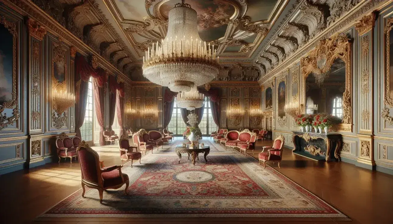 Salón barroco lujoso con candelabro de cristal, cortinas de terciopelo rojo, espejos ornamentados, sillas de madera y tapiz persa.