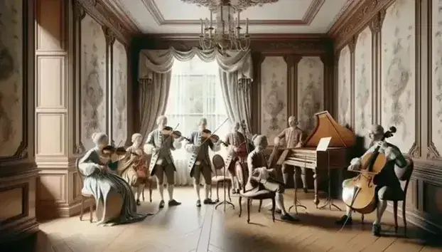 Salón europeo del siglo XVIII con músicos de época tocando violín, chelo, flauta y clavecín, rodeados de tapices claros y mobiliario antiguo.