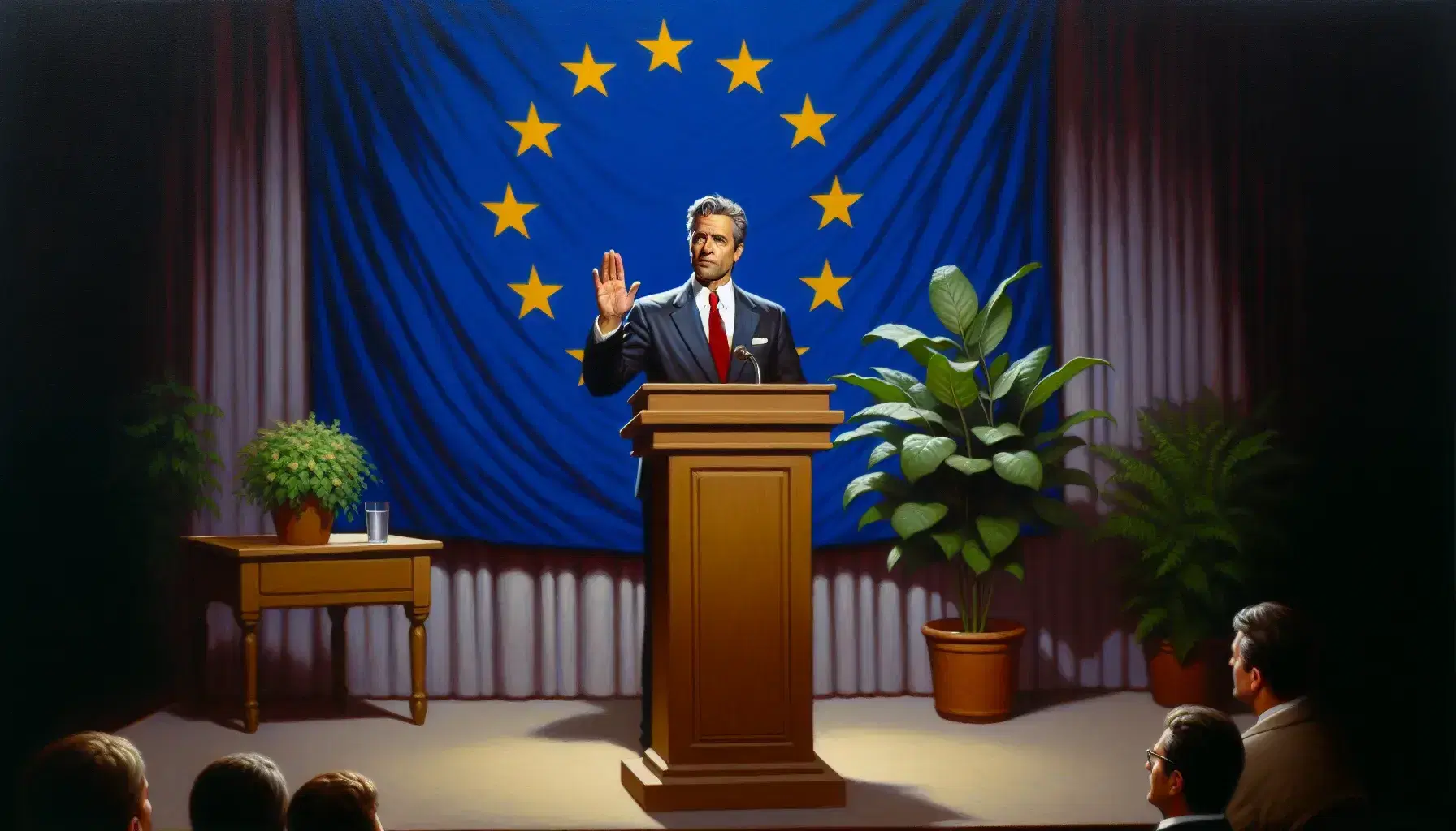Middle-aged man in suit speaking at lectern with European Union flag in background and green plant to his left, conveying authority.