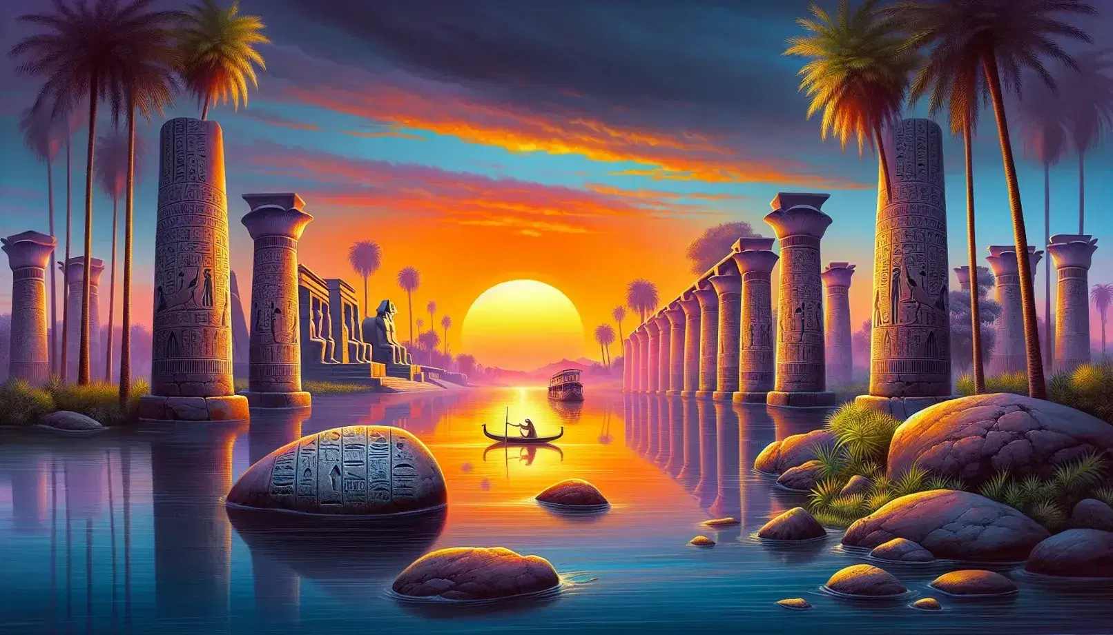 Tramonto sul Nilo con cielo arancione e rosa, riflessi sull'acqua, palme, tempio egizio e barca con figura che rema.