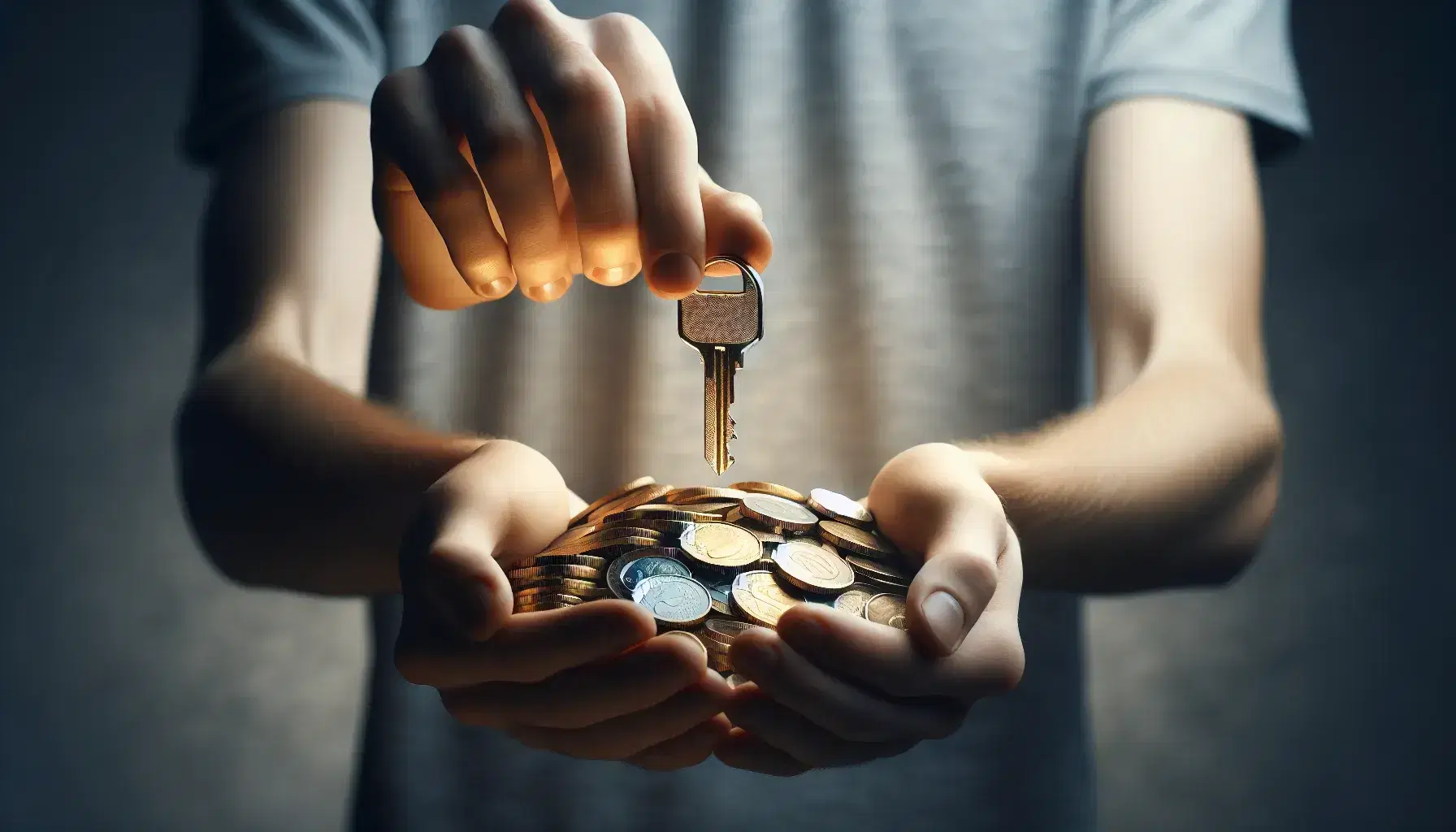 Primer plano de dos pares de manos intercambiando monedas de oro y plata por una llave metálica, sobre fondo neutro y desenfocado.