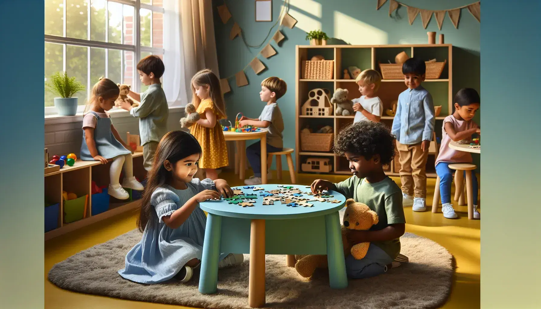 Multiethnic children play in bright classroom: Asian girl and Caucasian boy with puzzle, black child with teddy bear, Hispanic child chooses toys.