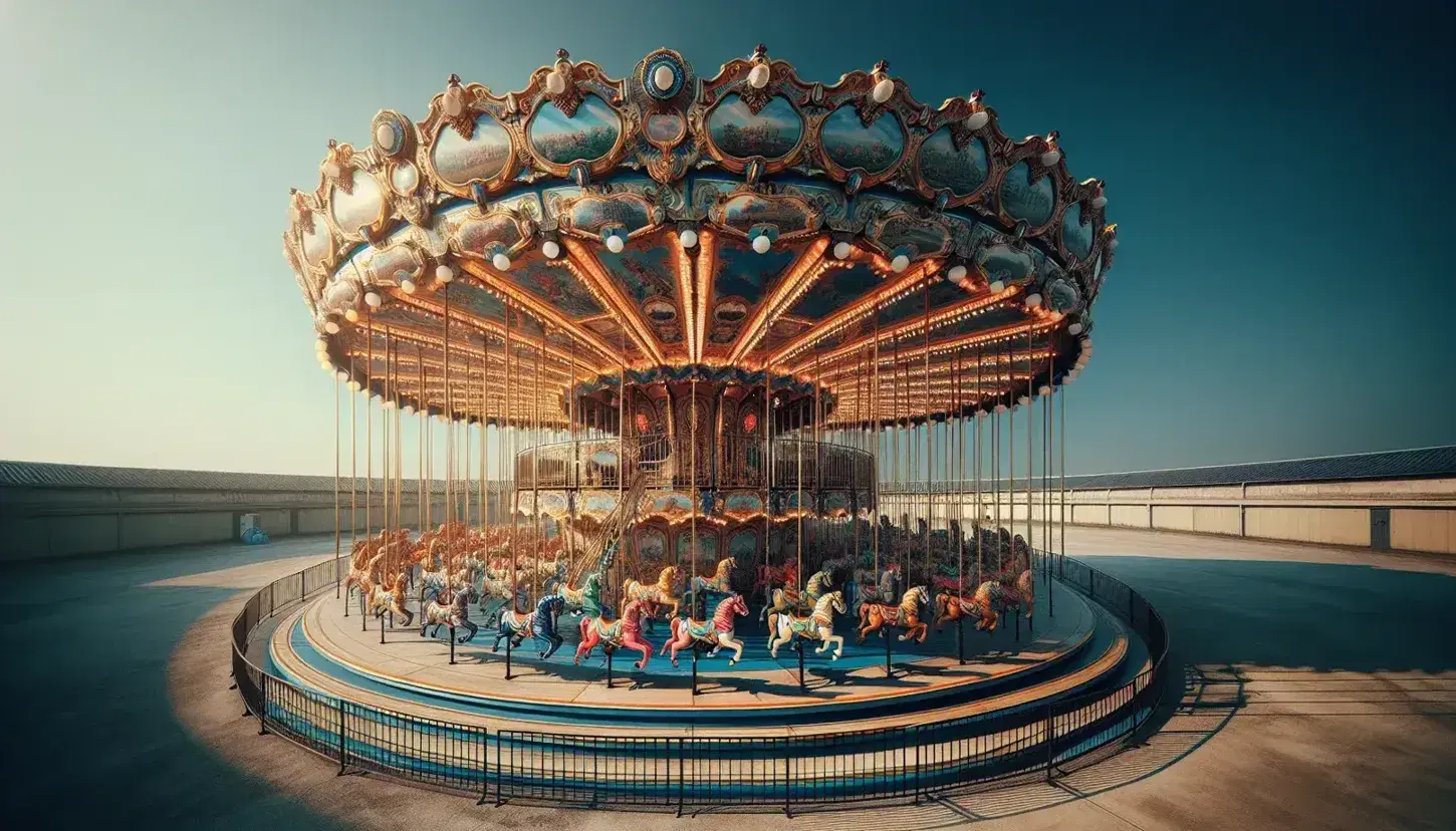 Carrusel de feria en funcionamiento con caballos de colores y detalles dorados bajo cielo azul claro, sin personas alrededor.