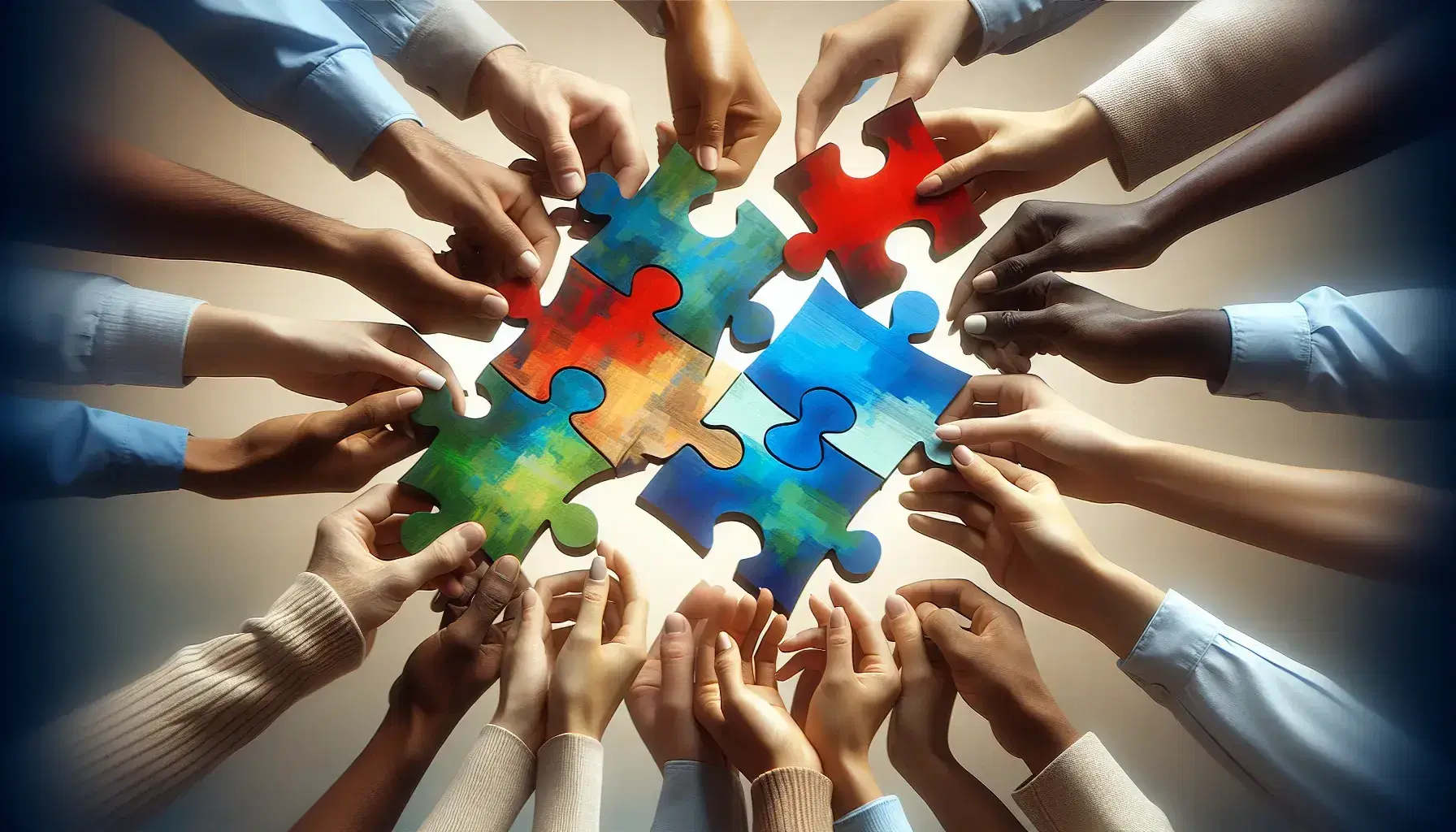 Manos diversas uniendo piezas de un rompecabezas multicolor, simbolizando la colaboración y la diversidad en un fondo neutro.