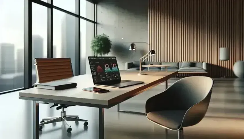 Oficina moderna con mesa de madera, portátil abierto, smartphone, gafas, silla ergonómica y planta junto a ventana con vista borrosa de edificios.