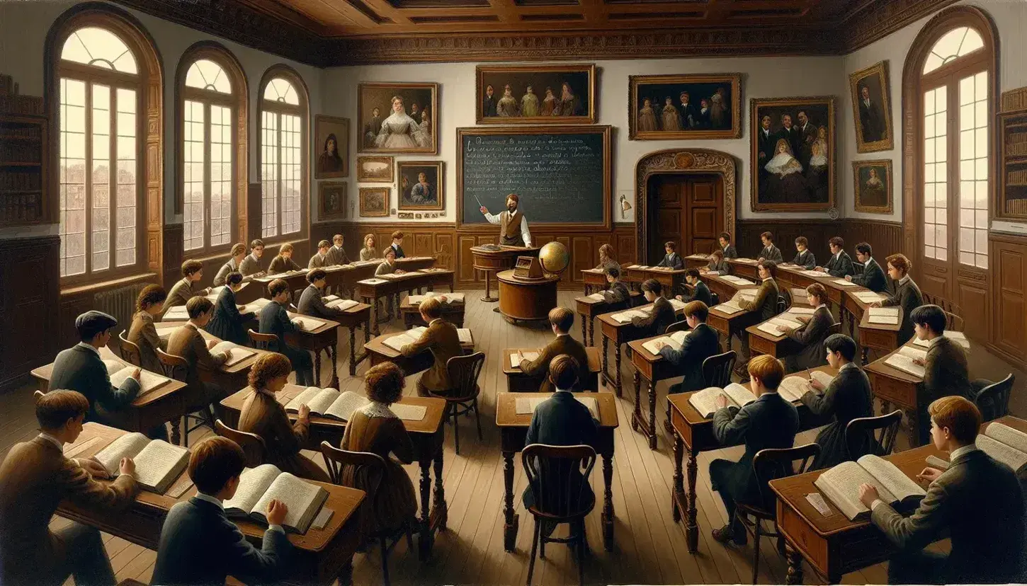 Traditional Spanish classroom with mixed-age students at wooden desks, a teacher by the chalkboard, and sunlight illuminating the room.