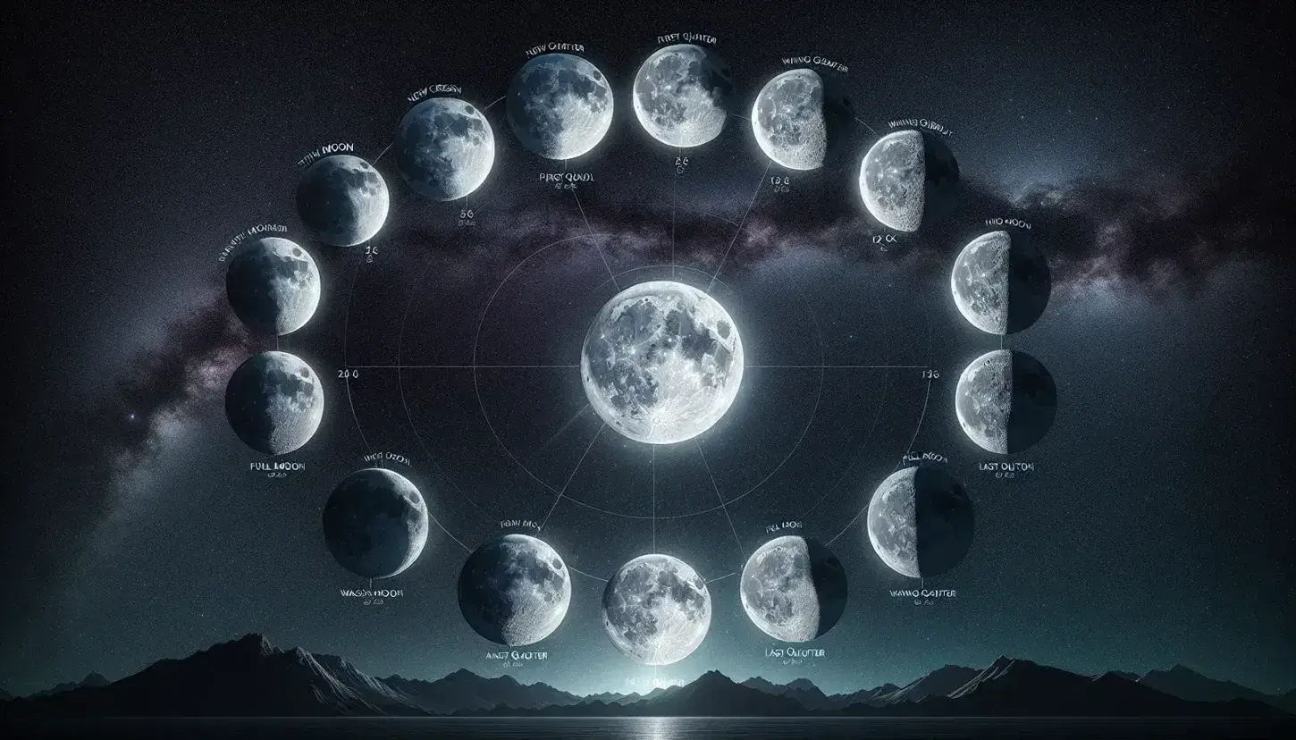 Cielo notturno stellato con sequenza orizzontale delle fasi lunari da luna nuova a piena, riflessi su superficie acquatica e silhouette montagne.