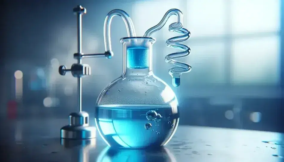 Glass bottle with bright blue liquid on reflective surface and condenser with coiled tube in organic chemistry laboratory.