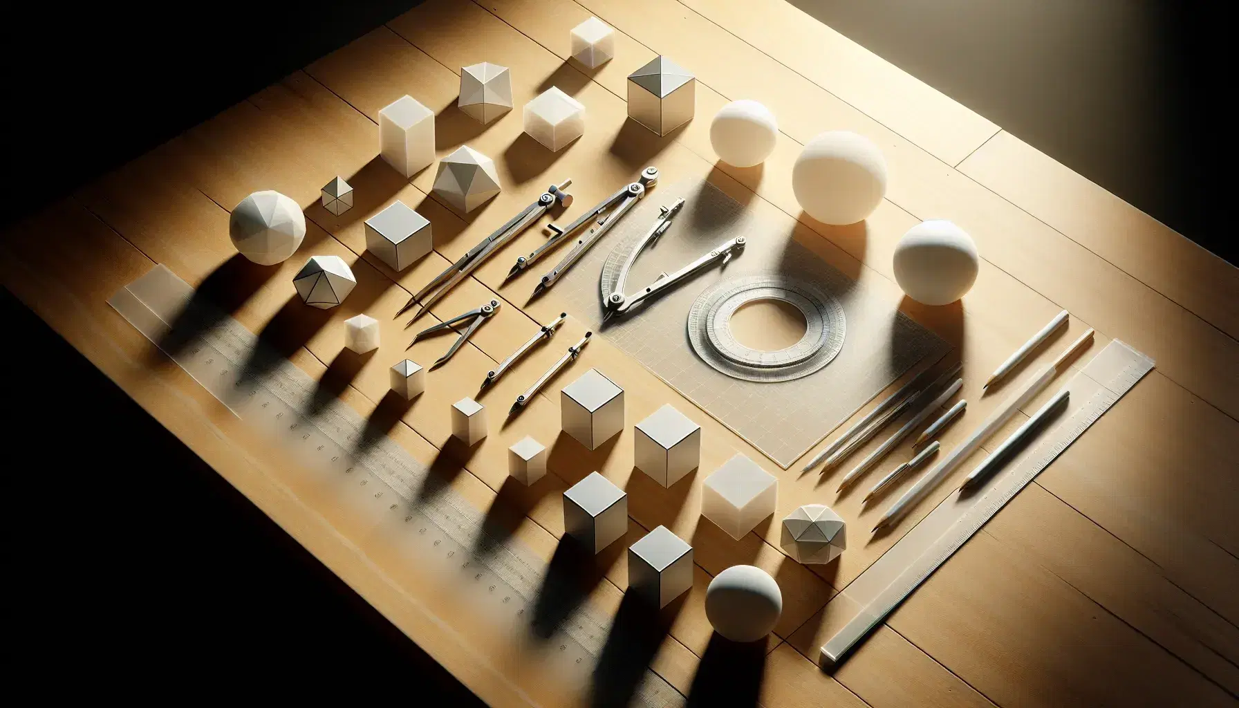 Organized wooden desk with translucent geometric shapes and precision drafting tools, including compasses, protractor, and ruler, in a softly lit academic setting.