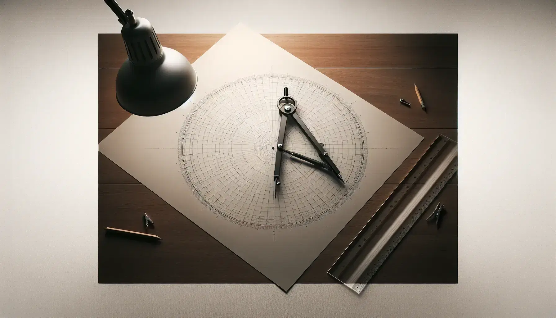 Perfectly drawn circle on white paper with a metallic compass set to its radius, a transparent ruler, and a desk lamp illuminating the workspace on a wooden desk.