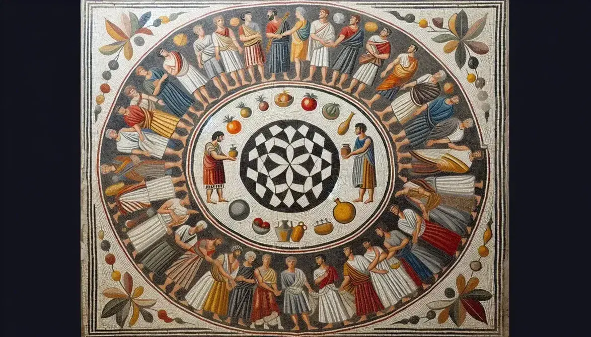 Mosaico romano antico con figure umane in atteggiamenti pacifici, circondato da motivi geometrici e vegetali, colori vivaci e ben conservato.