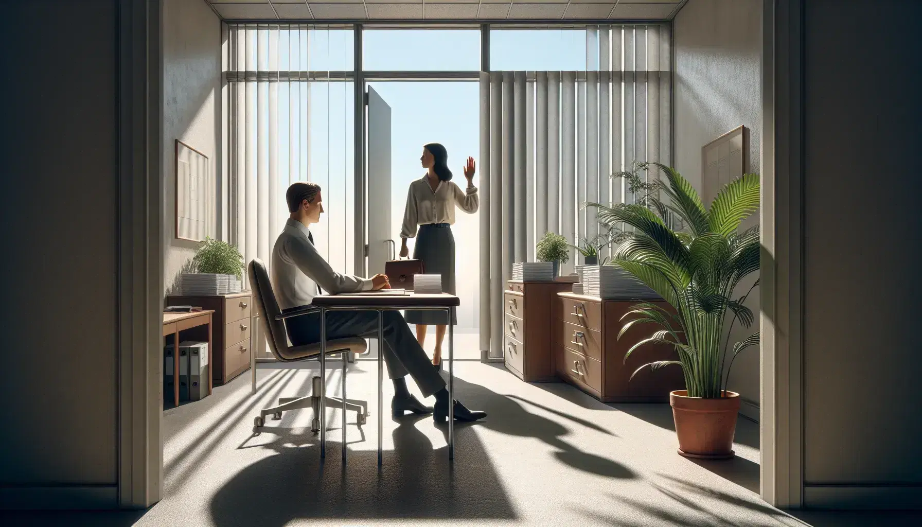Person sitting at professional office table with documents, colleague standing blurred behind, green plant and window with blue sky.