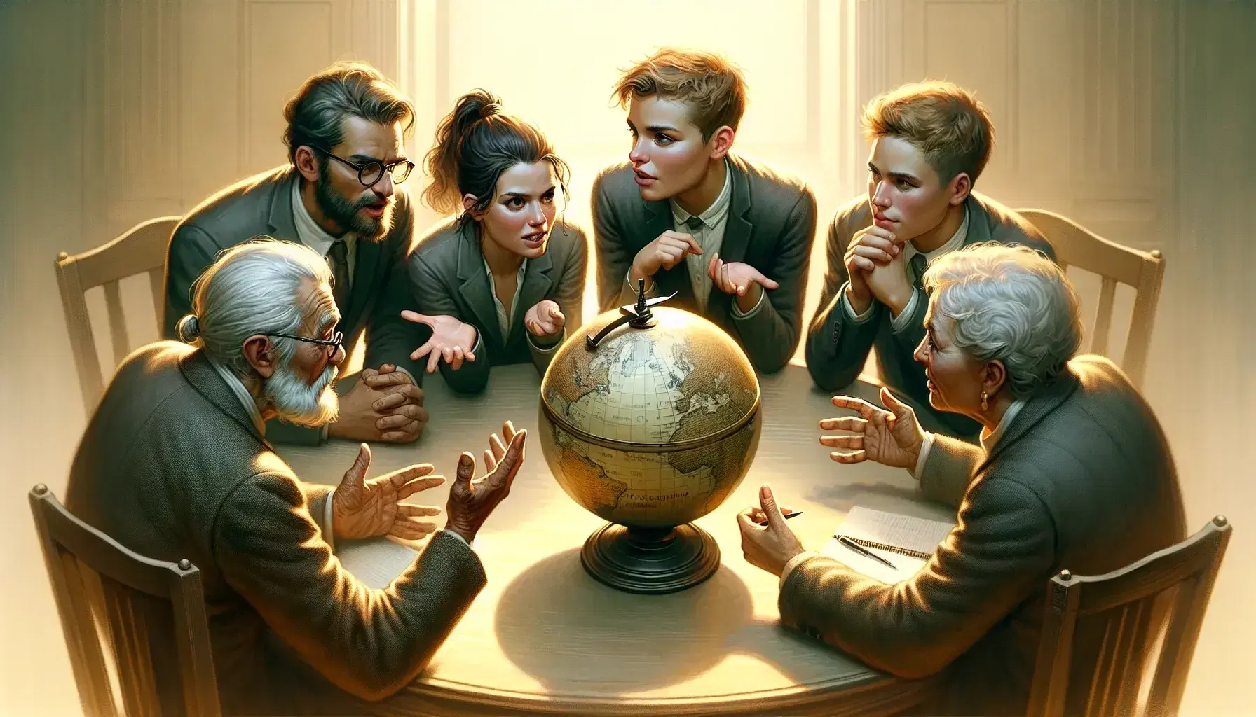 Grupo de cuatro personas de diversas edades discutiendo animadamente alrededor de una mesa con un globo terráqueo sin marcas en el centro.