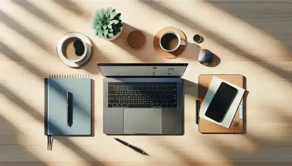 Escritorio de oficina de madera clara con laptop abierto, smartphone negro, planta en maceta blanca, bloc de notas azul con bolígrafo y taza de café sobre posavasos de corcho.
