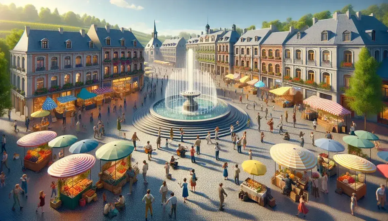 Piazza cittadina vivace con fontana centrale, bancarelle colorate, musicisti di strada, turisti e sfondo di colline verdi.