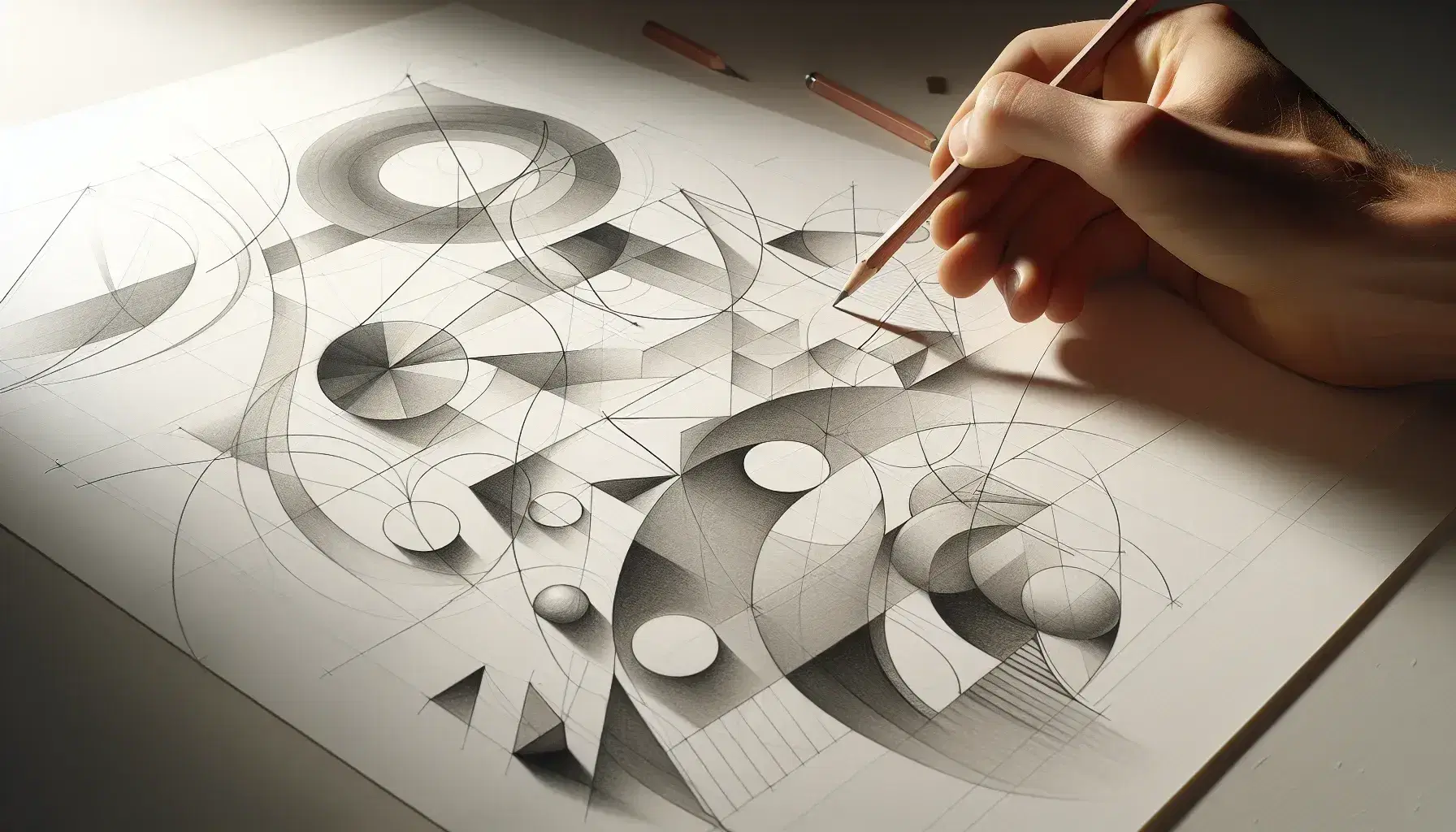 Mano sosteniendo lápiz de grafito dibujando líneas curvas y formas geométricas entrelazadas en papel blanco bajo luz suave.