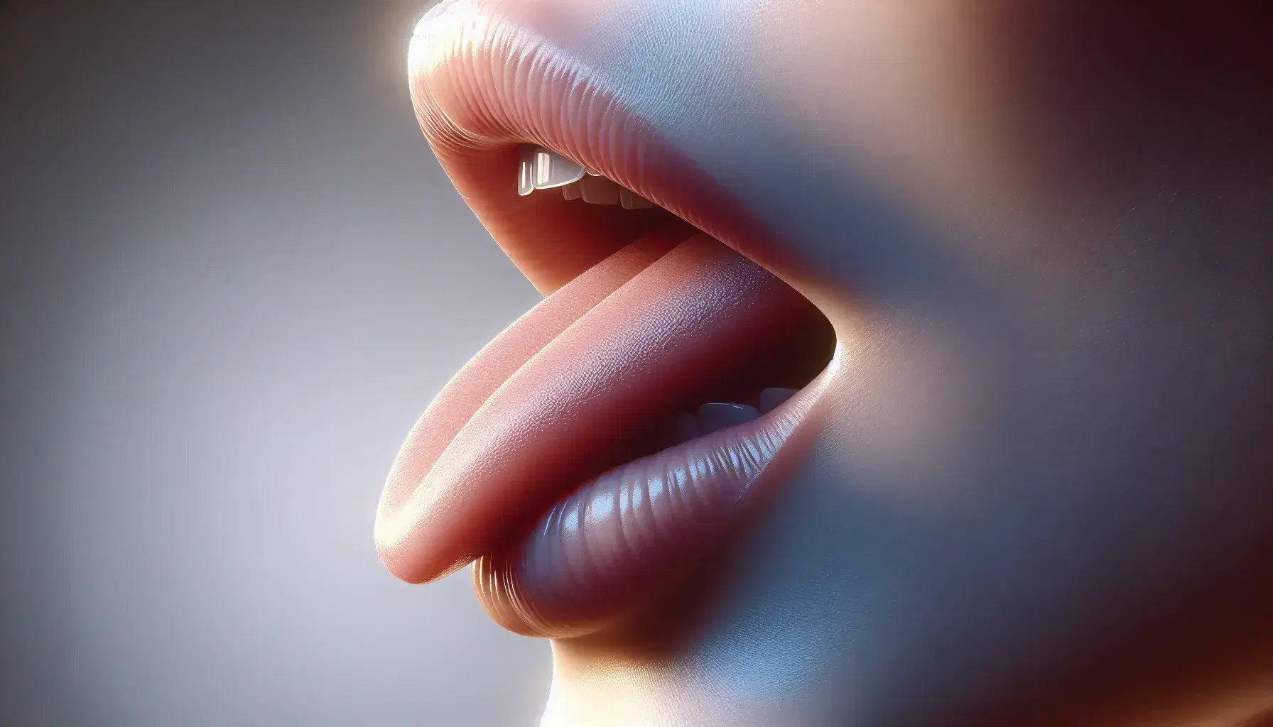 Close-up profile view of a human mouth slightly open with the tongue raised, set against a soft blue to gray gradient background.