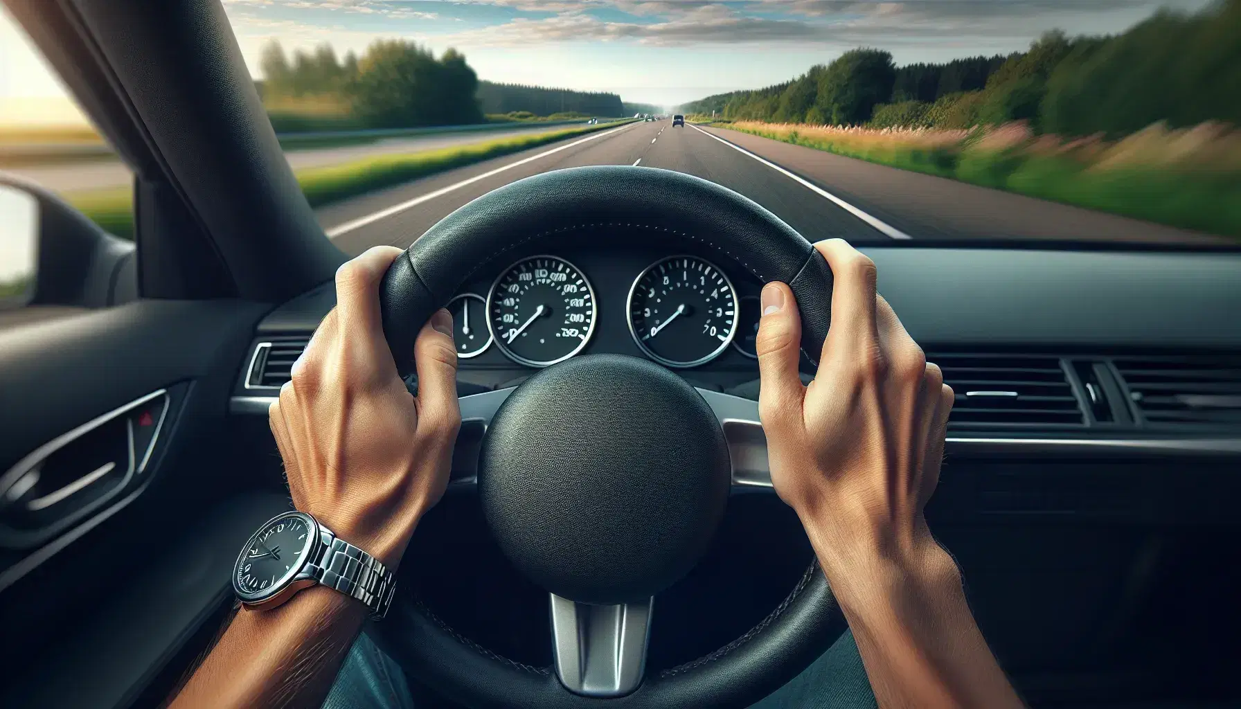 Hands on a car steering wheel in the ten and two position, with a blurred road and greenery ahead, under a clear blue sky.