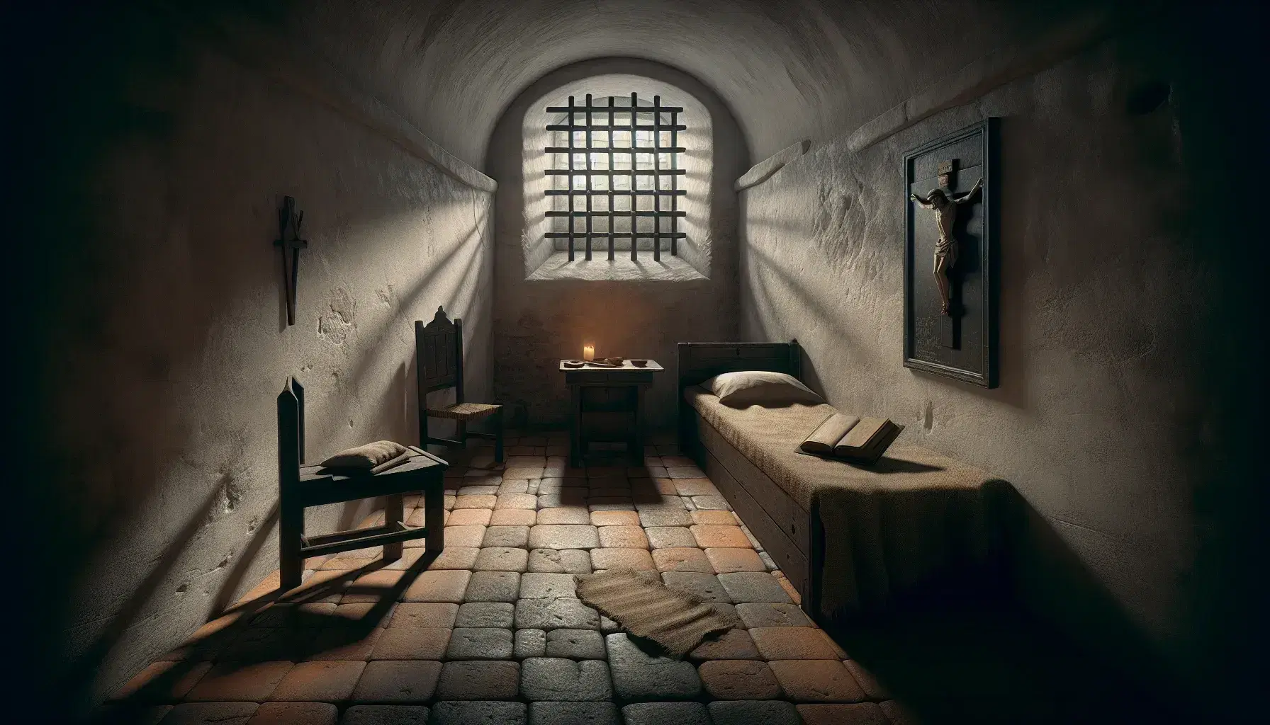 Cella monastica antica con letto in legno, coperta di lana, tavolo con libro rilegato, sedia, crocifisso e inginocchiatoio sotto luce soffusa.