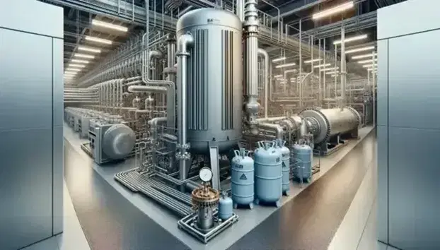 Vista de planta industrial de refrigeración con compresor cilíndrico, condensador con aletas, válvula de expansión termostática y cilindros de refrigerante alineados.