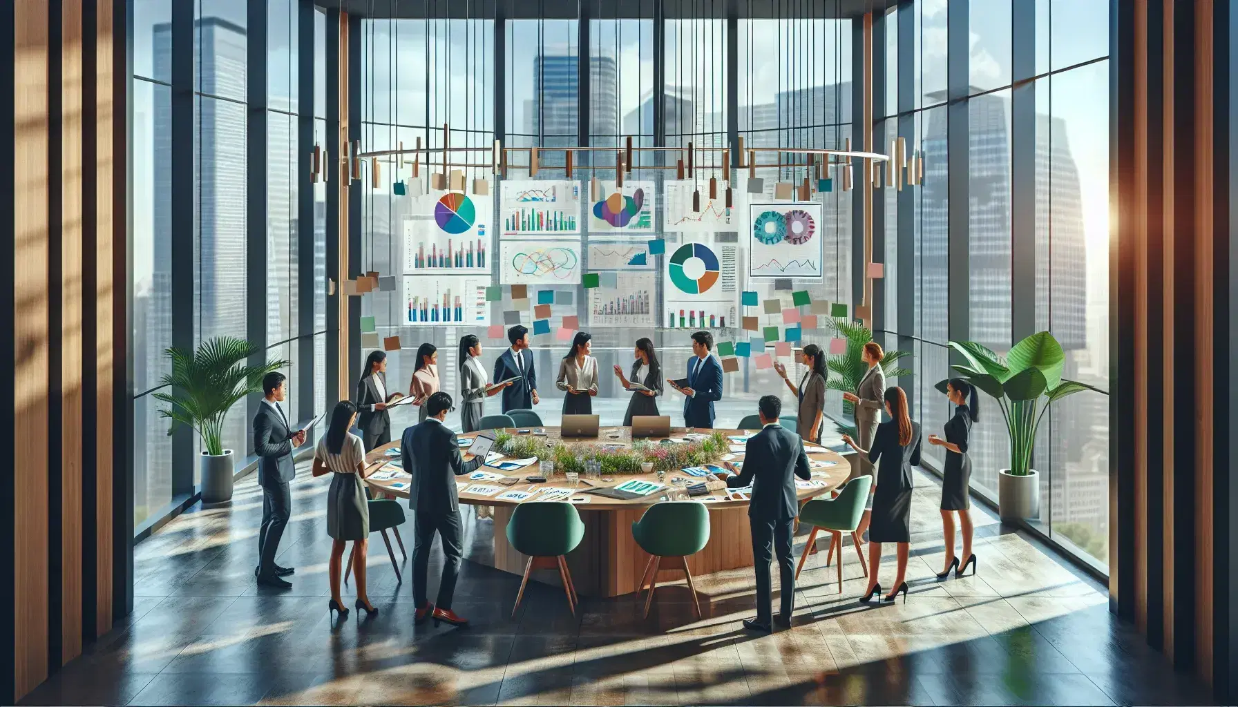 Diverse team collaborates around a table with financial charts and digital tablets in a sunlit office with city views and modern art.